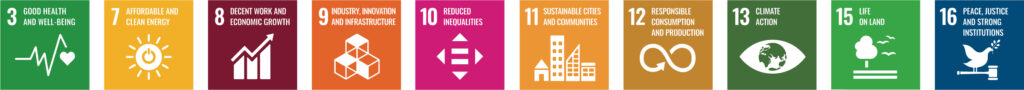 The UN Sustainable Development Goals adopted by Solarvest: SDG 3, 7, 8, 9, 10, 11, 12, 13, 15 and 16
