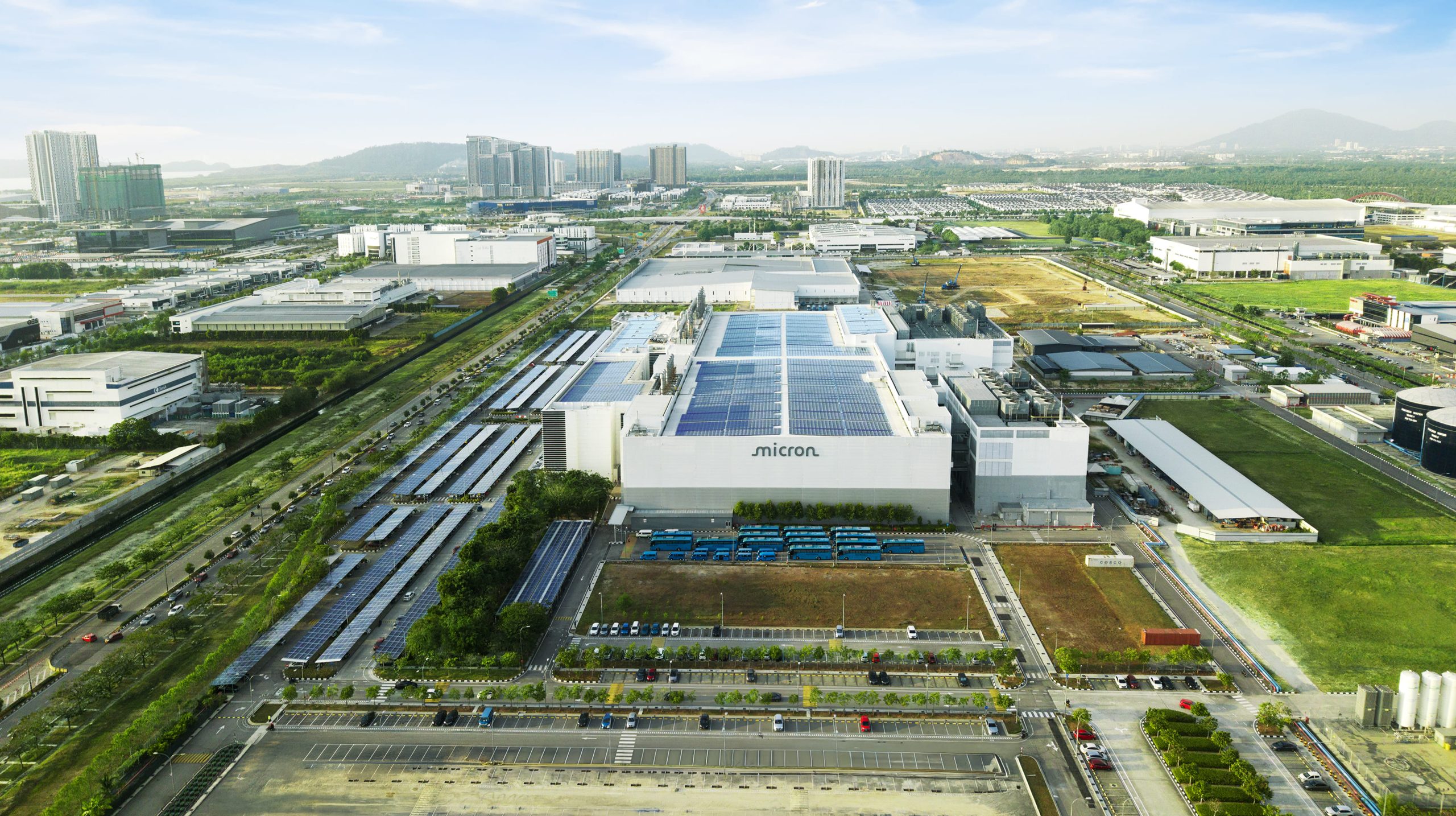Aerial view of Micron’s 8.8 MWp rooftop and car-park solar system by Solarvest
