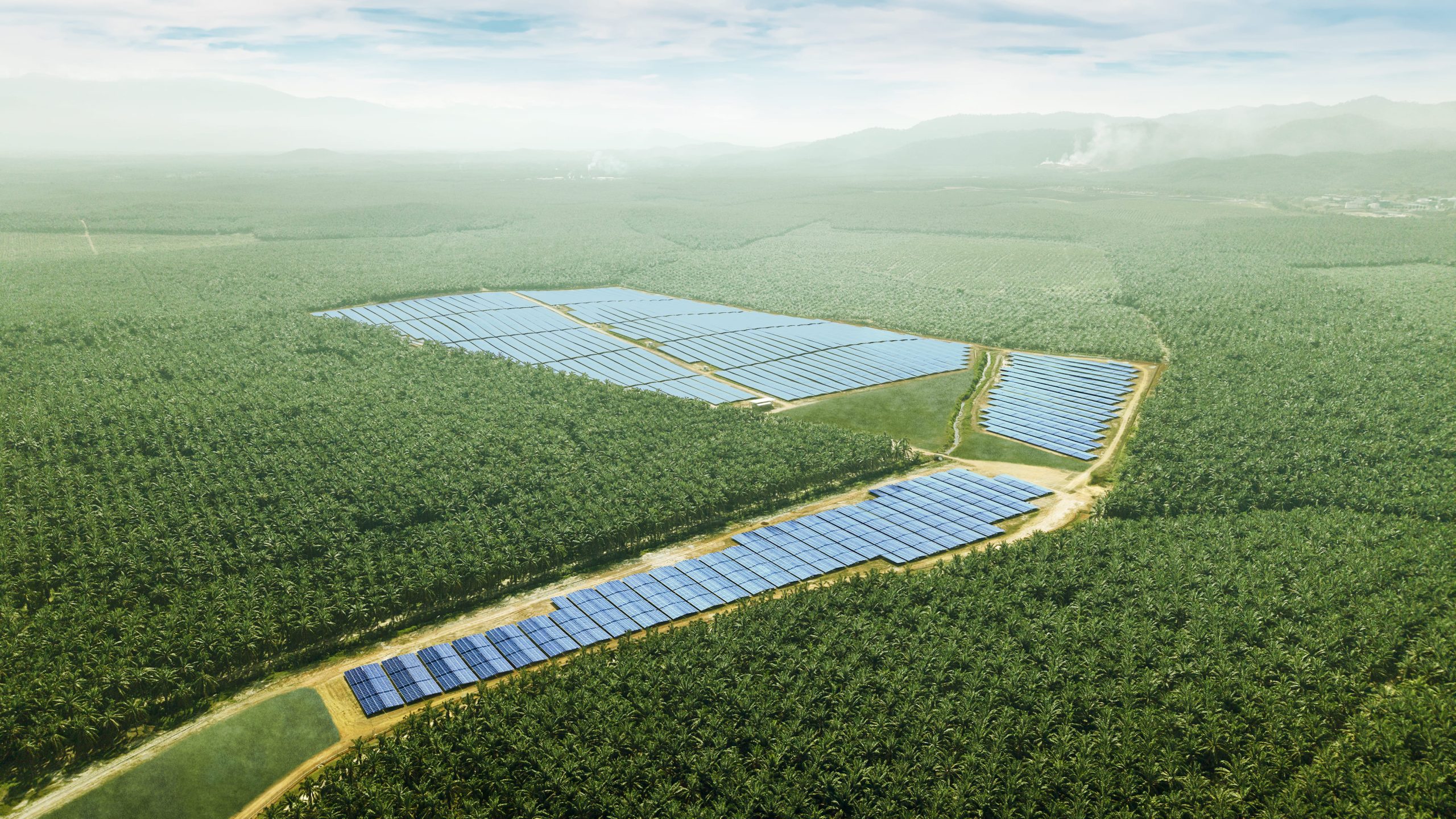 Aerial view of the 45 MWp Selarong Pertama large-scale solar farm developed by Solarvest